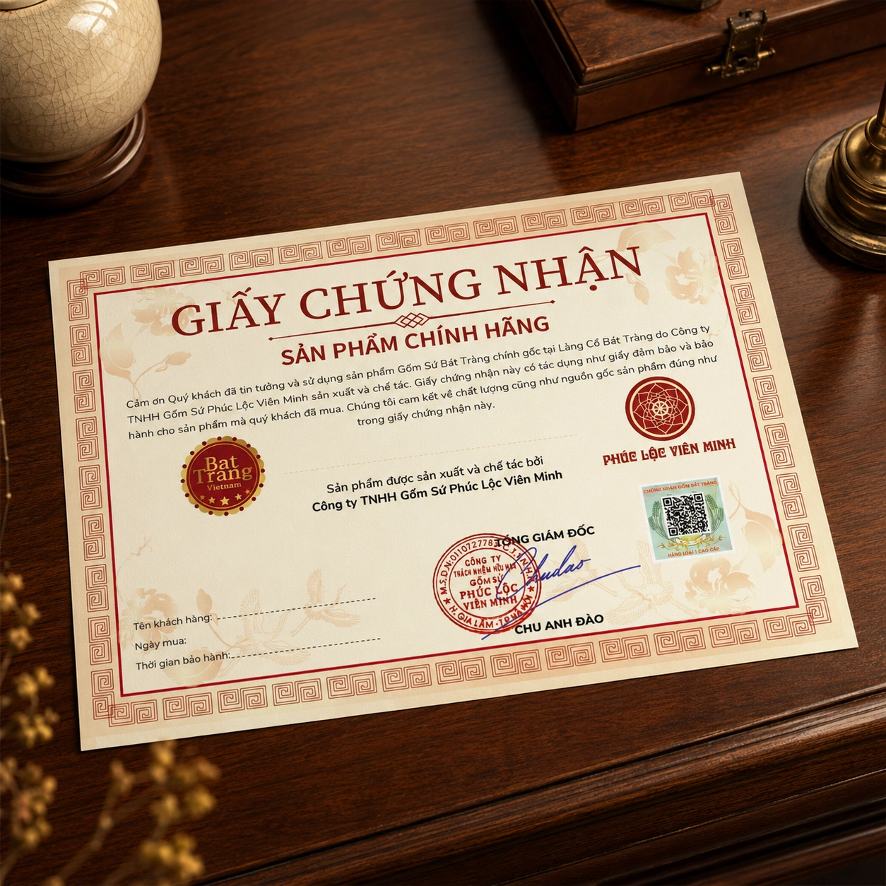 Giấy chứng nhận gốm sứ chính gốc Làng cổ Bát Tràng của Phúc Lộc Viên Minh