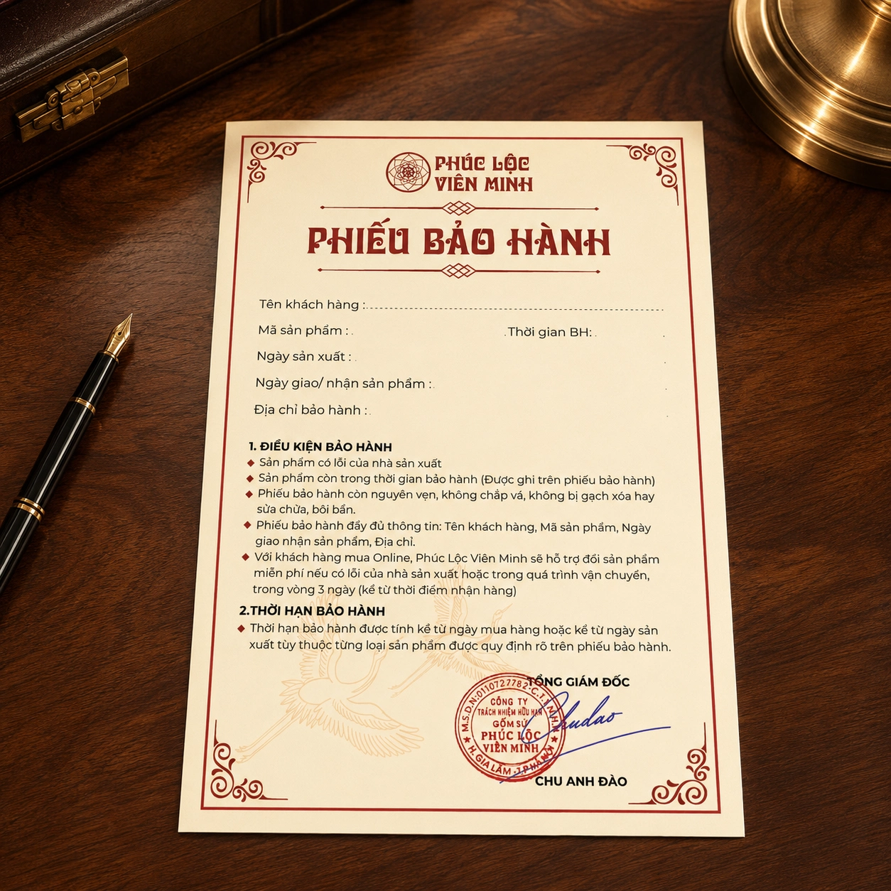 Phiếu bảo hành Gốm Sứ Bát Tràng trọn đời của Phúc Lộc Viên Minh